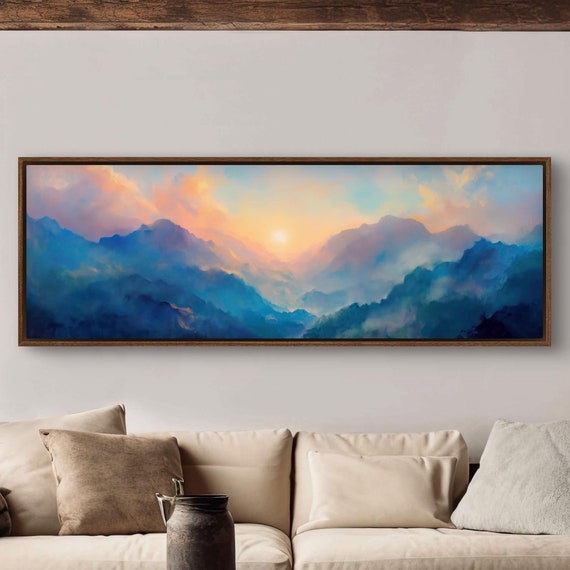 Colorful Sunrise Over Misty Mountains Panoramic Wall Art For Above Bed Or Couch Relaxing Long Narrow Wall Art