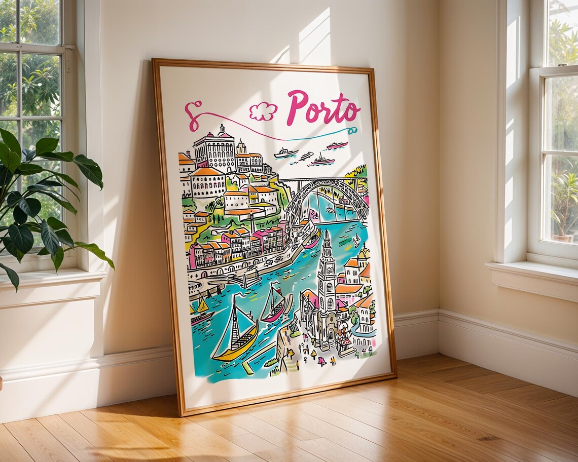 Porto Portugal Douro River Colourful Illustrated Travel Poster