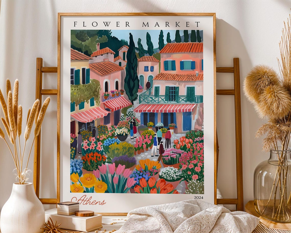 Athens Flower Market 2024 Mediterranean Houses Colorful Poster
