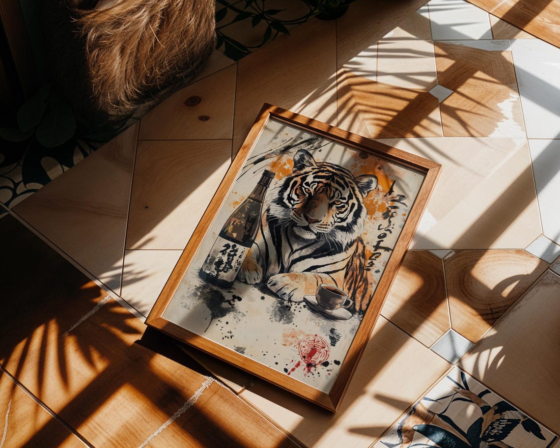 Tiger With Sake Bottle and Cup Japanese Ink Wash Zen Wildlife Poster