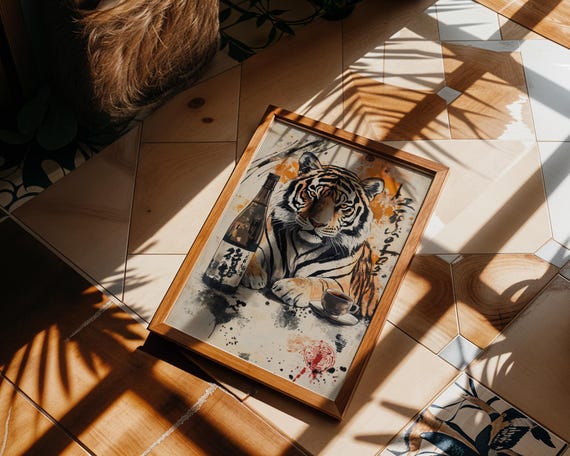 Tiger Wall Art Japanese Sumie Style Print Zen Ink Wash Poster Samurai Decor Oriental Wildlife Painting