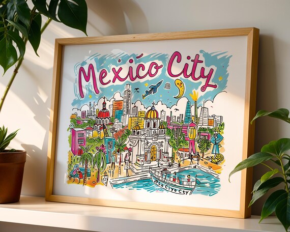 Mexico City Colorful Hand Drawn Cathedral and Canal Travel Poster