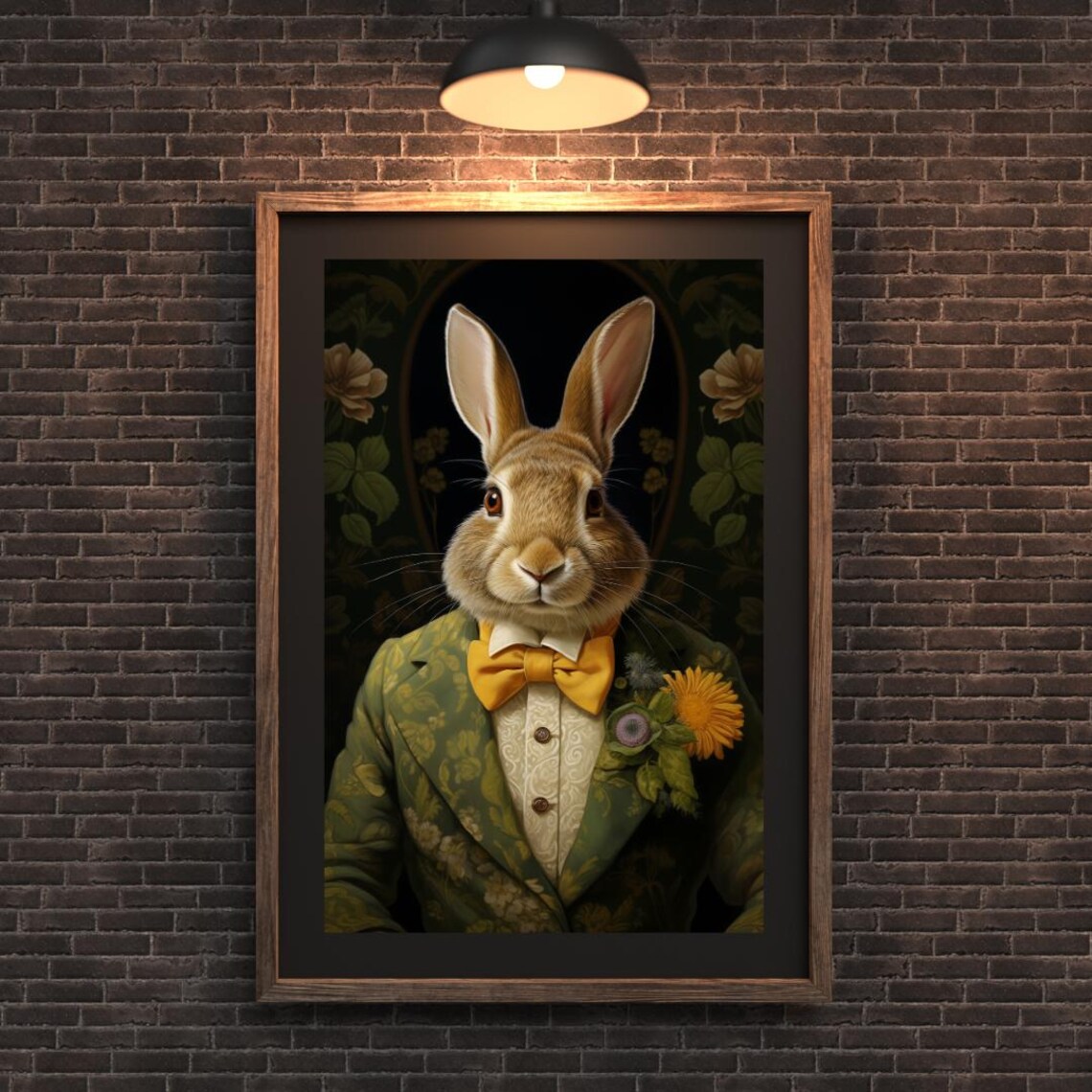 Dapper Rabbit In Floral Suit Whimsical Bunny Wall Art Springtime Animal Portrait Funny Home Office Decor Rock