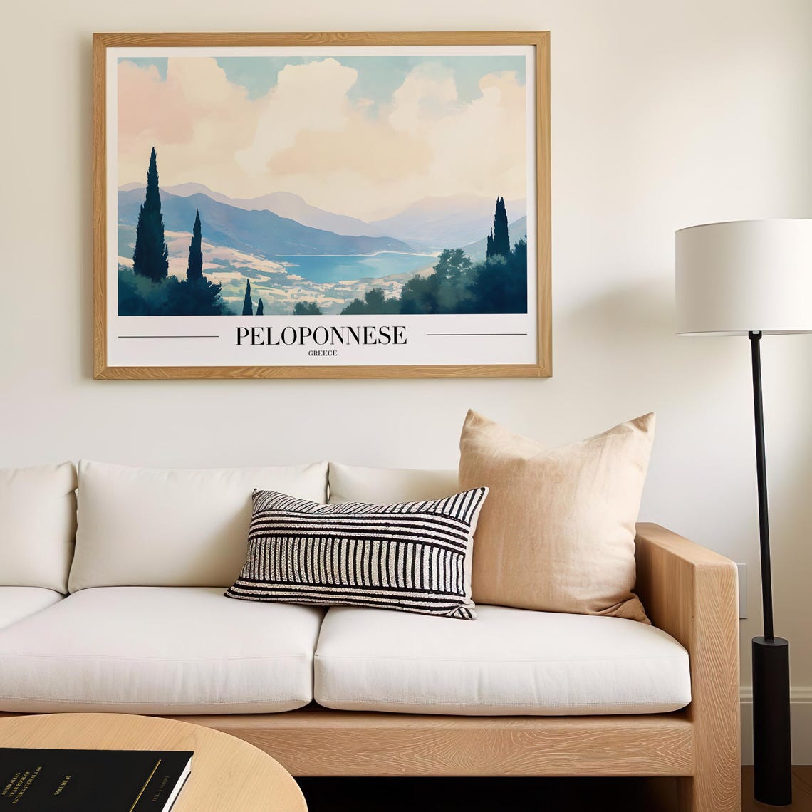 Peloponnese Greece Coastline Mountains Serene Watercolor Travel Poster