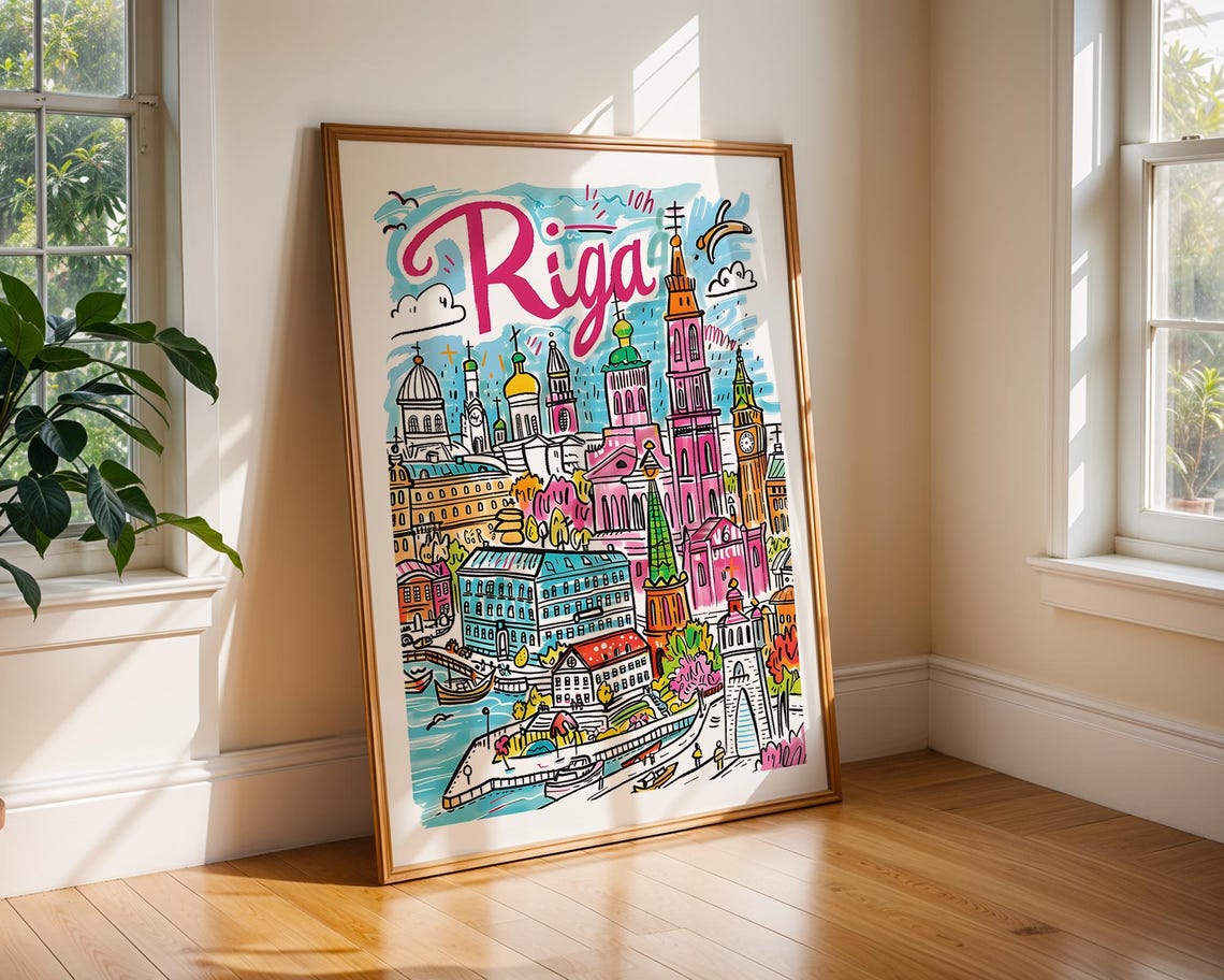 Riga Latvia Colourful Illustrated Old Town Architecture Travel Poster