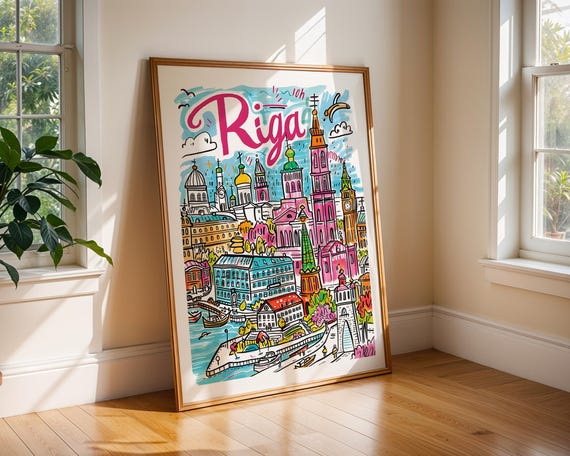 Riga Latvia Travel Poster Print Colourful Baltic City Wall Art Quirky European Home Decor Architecture Illustration