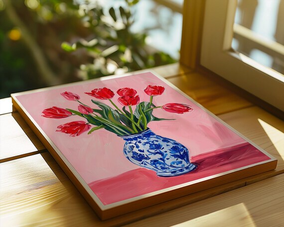 Red Tulips Floral Print Pink Background Botanical Art Blue Vase Wall Decor Summer Flower Poster Bold Modern Home Accent Bathroom