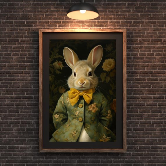 Cute Rabbit In Vintage Green Jacket Floral Bunny Wall Art Anthropomorphic Easter Decor Funny Animal Portrait Home Office