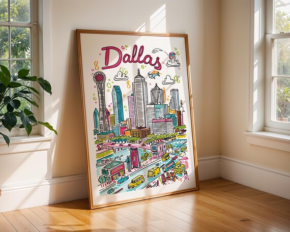 Dallas Reunion Tower Downtown Skyline Colorful Cartoon City Poster