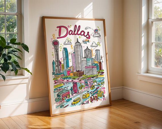 Dallas Texas Travel Poster Print Modern Southern City Wall Art Colourful Downtown Home Decor Unique Illustration