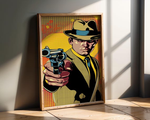 Retro Pop Art Gangster Print Noir Detective With Gun Wall Vintage Comic Style Man In Fedora Poster For Home Bar Or Office Decor