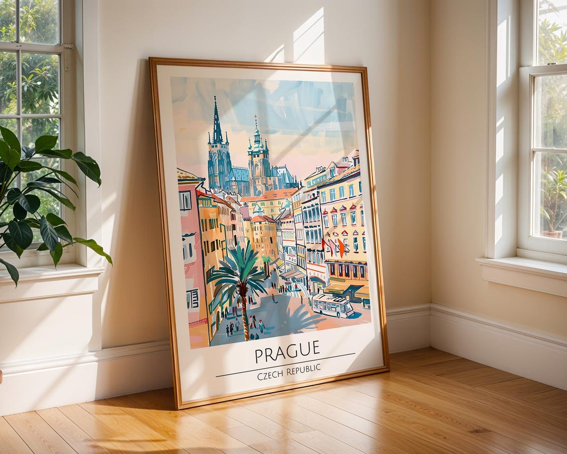 Prague Czech Republic Old Town Pastel Watercolor Travel Poster