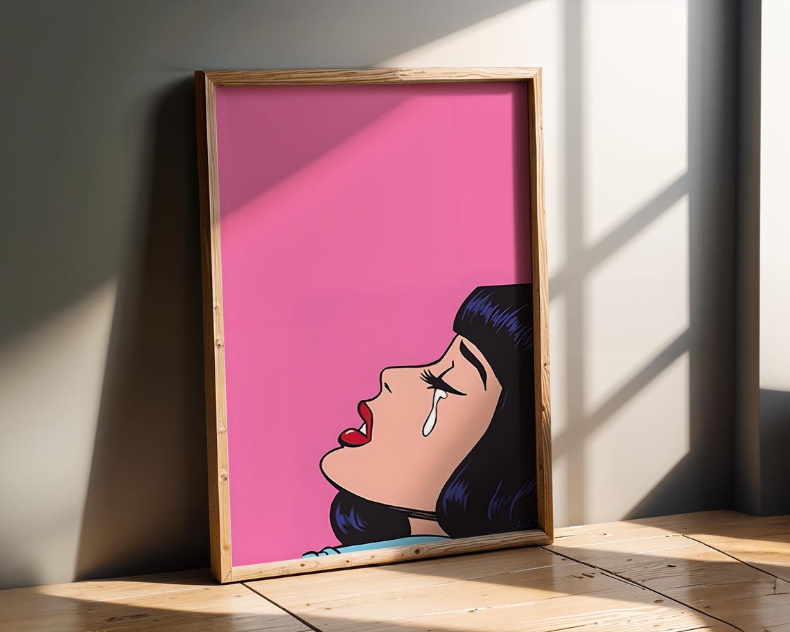 Crying Woman Profile Pop Art Pink Retro Comic Style Drama Poster