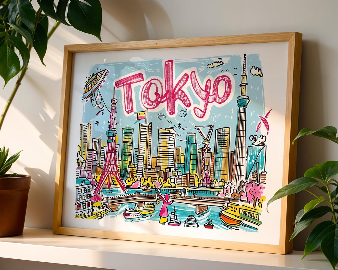 Tokyo Japan Colorful Hand Drawn Tower and Skytree Cityscape Poster