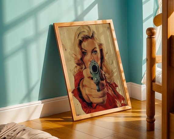 Femme Fatale Blonde Woman Pointing Gun Retro Noir Style Art Poster