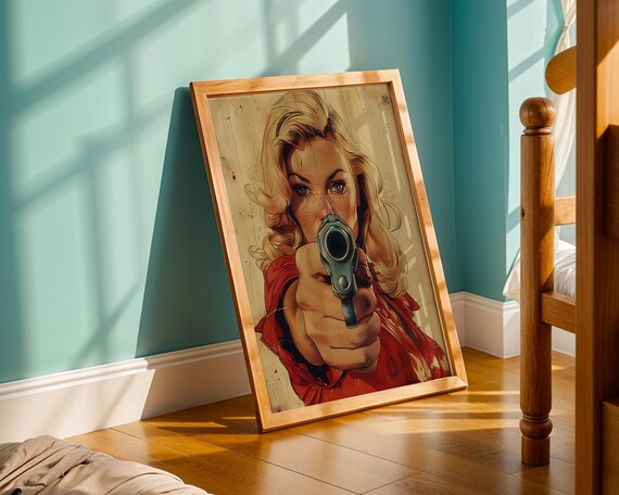 Pop Art Woman With Gun Retro Comic Book Femme Fatale Wall Empowering Feminist Print Edgy Blonde Pin Up Poster Decor Bedroom