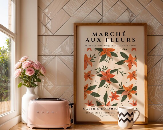 Orange Lily Pattern Print Bold Botanical Floral Poster With Graphic Flower Repeats French Country Cottage Decor Office Kitchen Gift