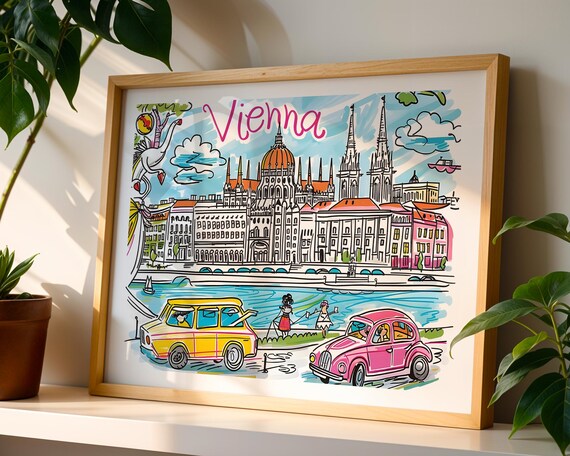 Vienna Austria Colorful Doodle Cityscape Whimsical Riverside Poster