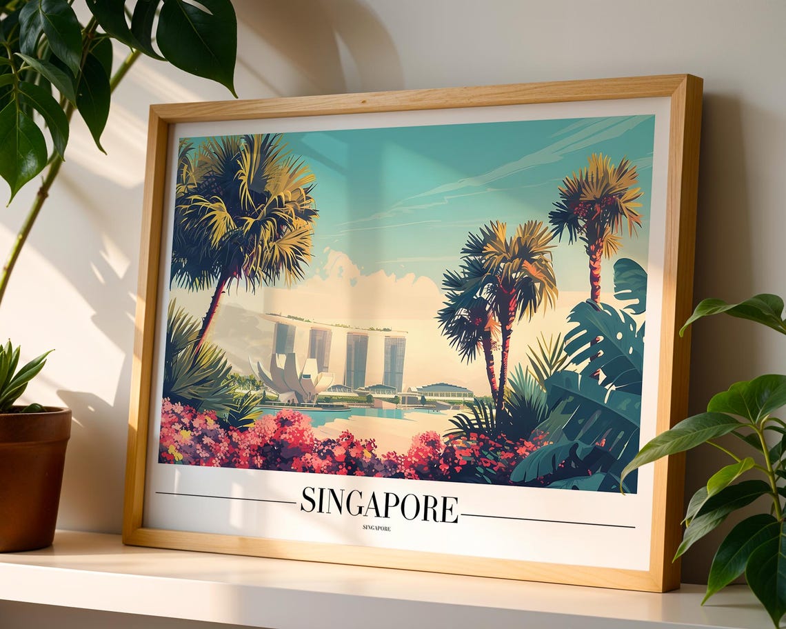 Singapore Marina Bay Sands Tropical Palm Trees Skyline Travel Poster