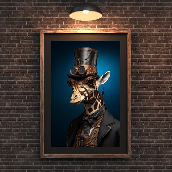 Steampunk Giraffe Portrait Victorian Leather Hat Brass Goggles Animal Wall Art