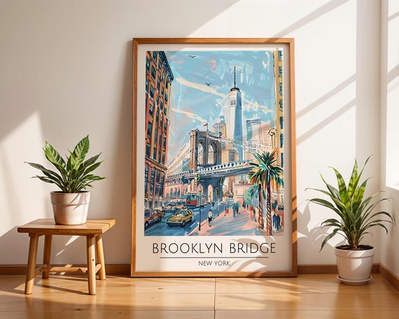 Brooklyn Bridge New York Poster Urban Travel Art Print Nyc Cityscape Wall Decor With And Skyscraper Illustration Bedroom