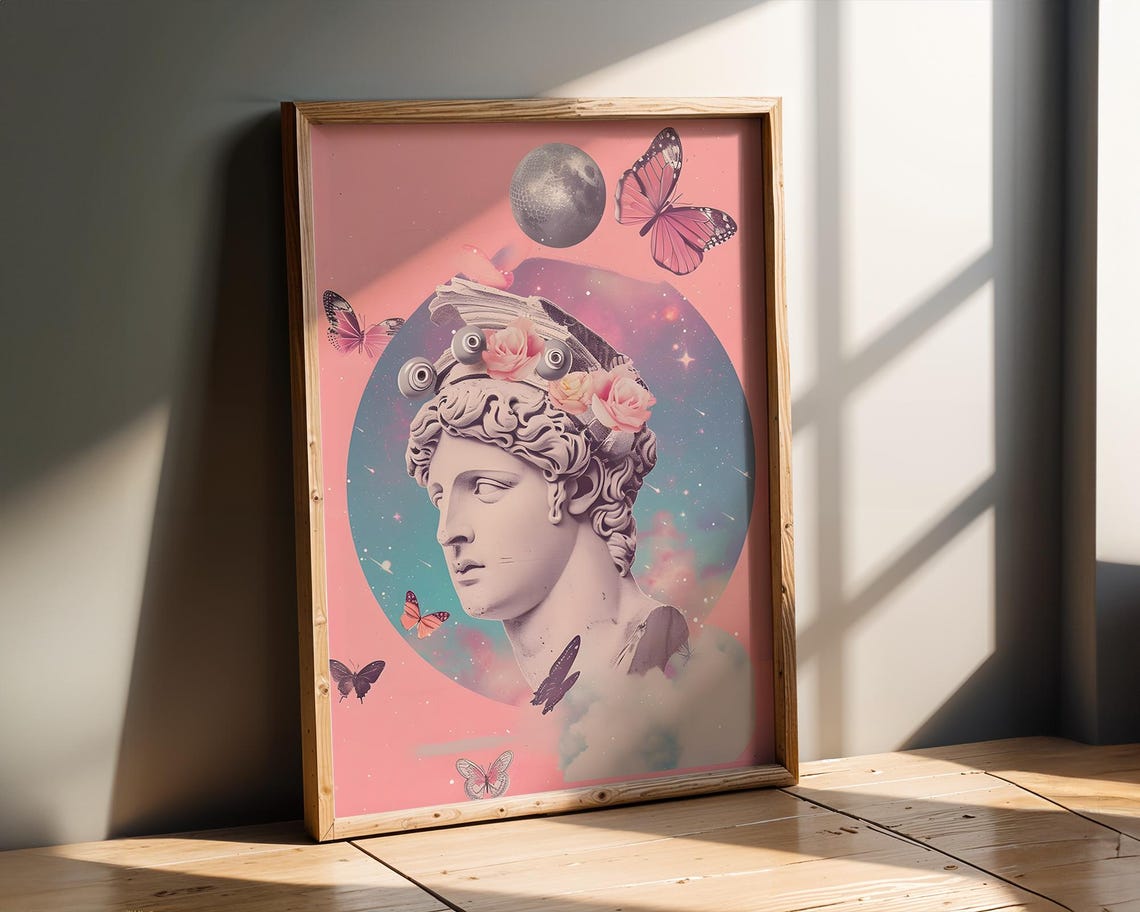 Pink Greek Statue Butterfly Cosmic Collage Dreamy Art Poster