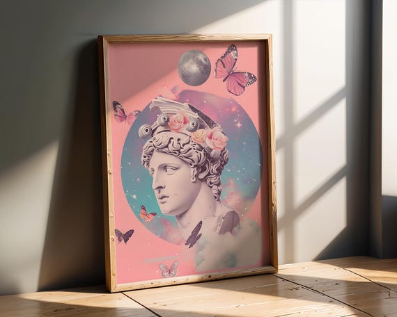 Pink Greek Statue Wall Art Classical Bust With Butterflies And Roses Surreal Cosmic Collage Print Retro Pop Poster