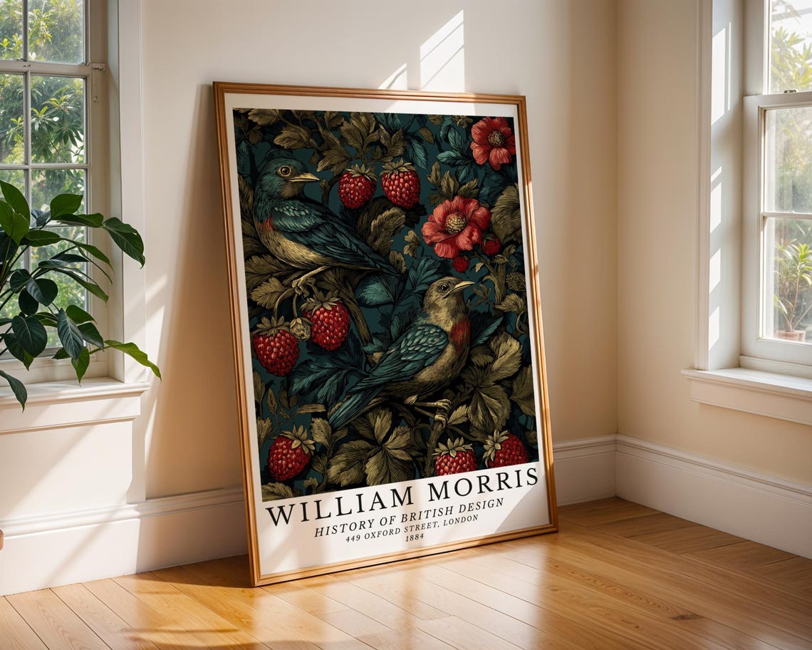 William Morris Bird and Berry Dark Floral Arts Crafts Vintage Poster