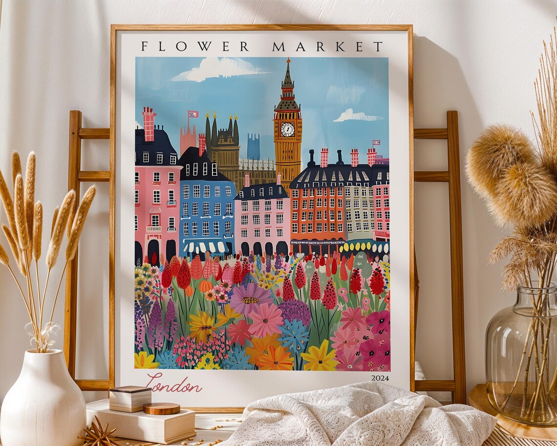 London Flower Market 2024 Big Ben Colorful Blooms Travel Poster