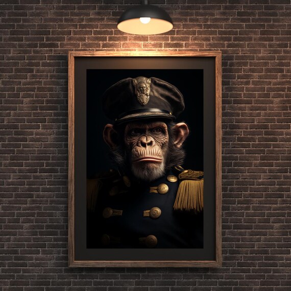 Vintage Monkey Wall Art Admiral Chimpanzee Portrait In Military Dress Dark Print For Office Or Study