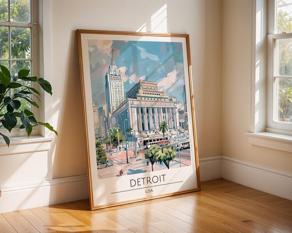 Detroit Travel Wall Art Architecture Poster Urban City Print Michigan Skyline Home Decor Usa Landmark Illustration