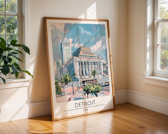 Detroit USA Downtown Landmark Pastel Watercolor Cityscape Poster