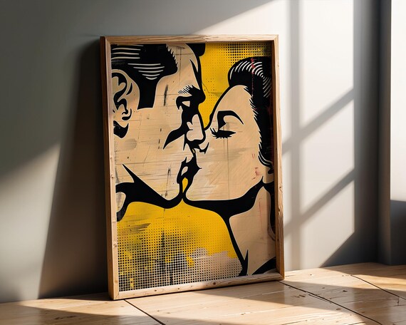 Retro Pop Art Couple Kiss Print Bold Comic Book Style Wall In Yellow And Black Romantic Vintage Poster For Modern Home Decor