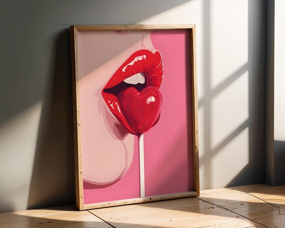 Pop Art Red Lips Heart Lollipop Pink Glam Bedroom Decor Wall Art