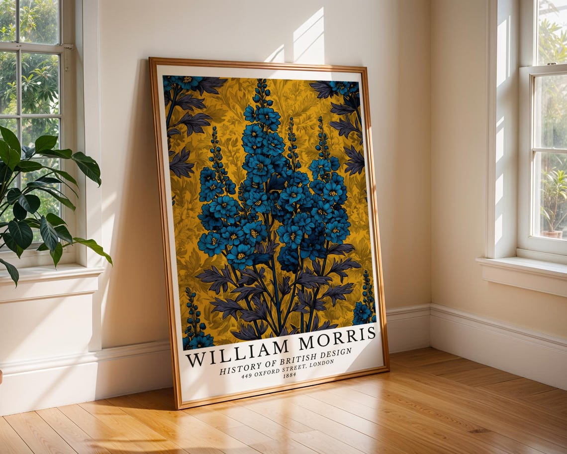 William Morris Blue Delphiniums Gold Floral Botanical Poster