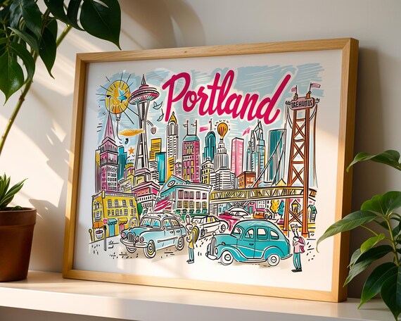 Portland Oregon Colorful Doodle Cityscape Playful Street Scene Poster