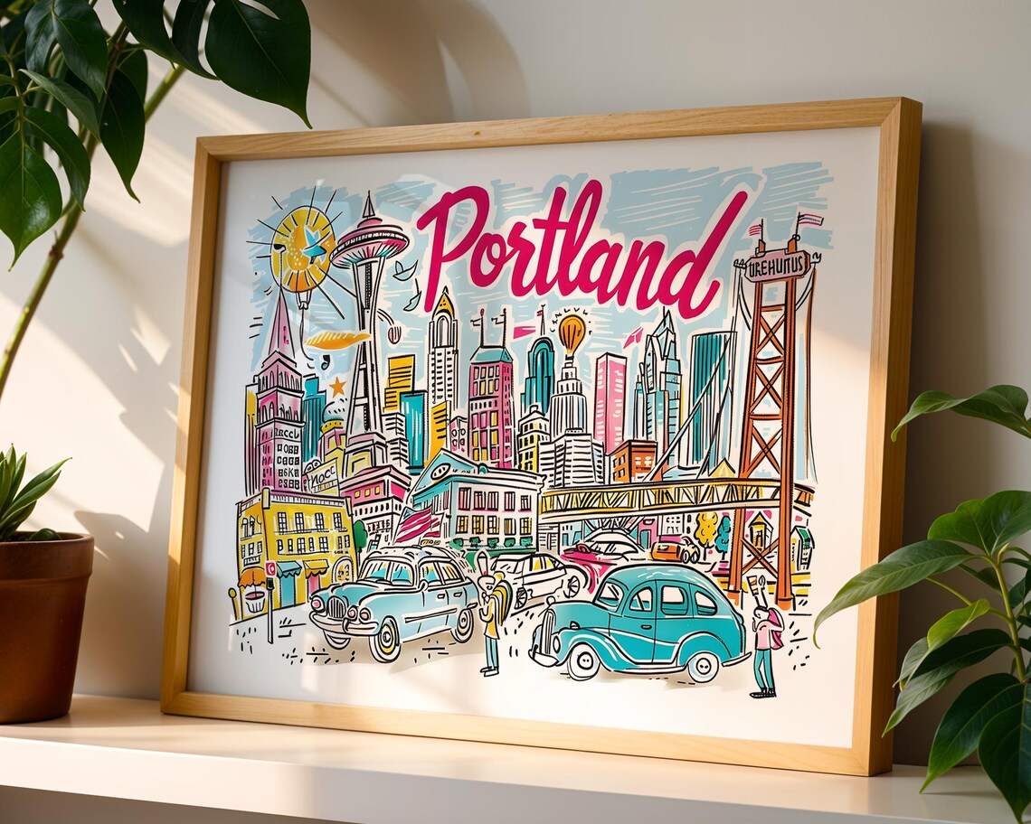 Portland Oregon Colorful Doodle Cityscape Playful Street Scene Poster