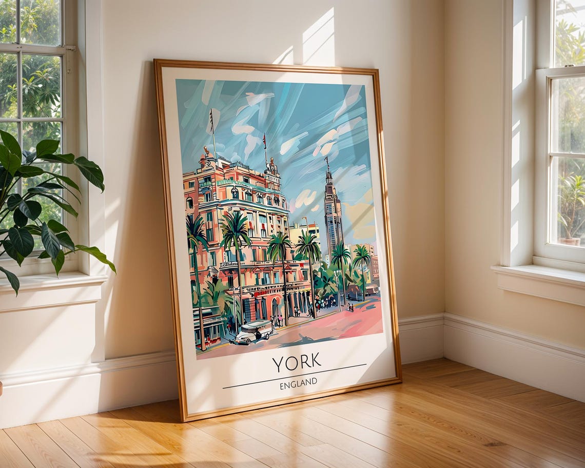 York England Historic Square Clock Tower Sunny Travel Poster