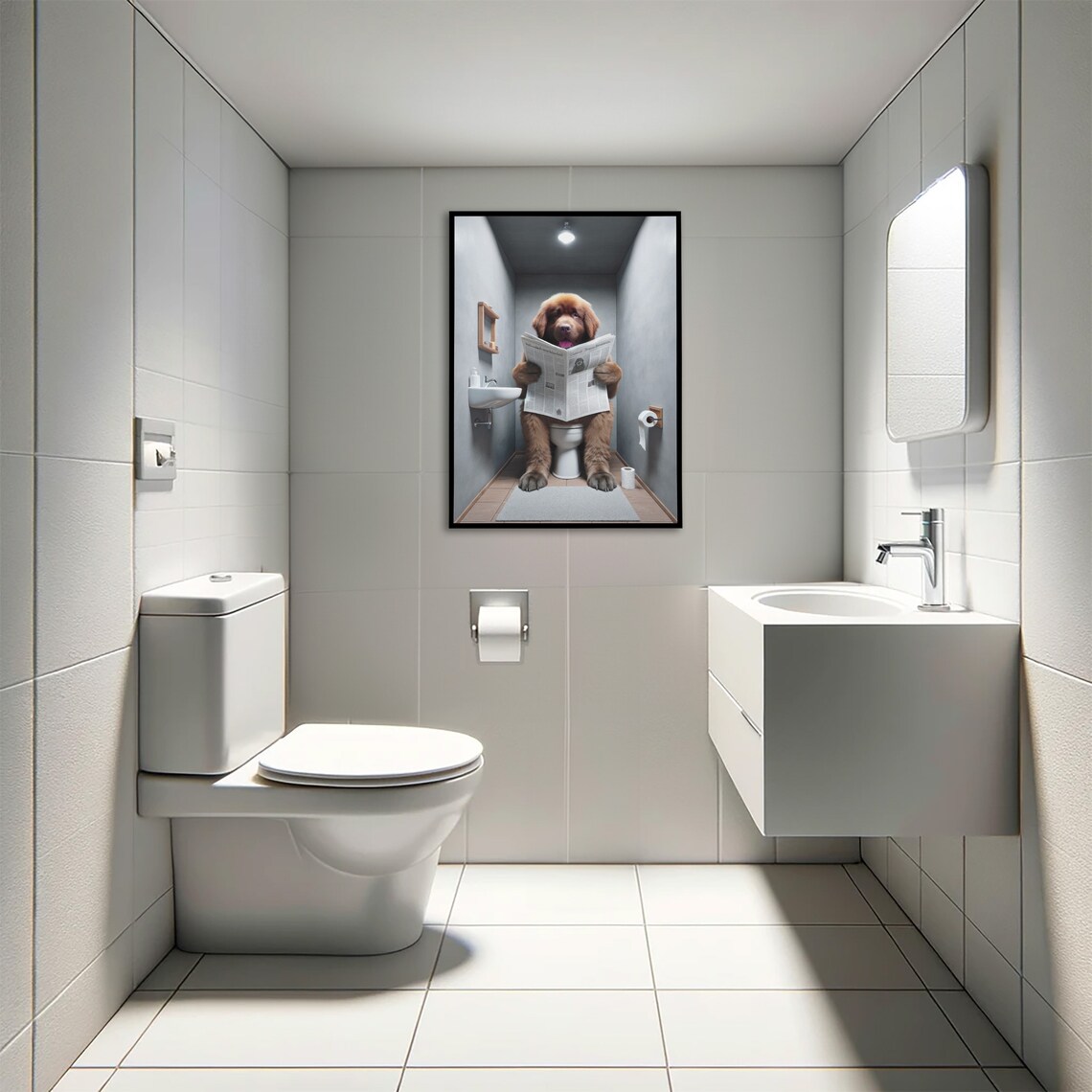 Brown Newfoundland Reading Newspaper Bathroom Poster - Image 4
