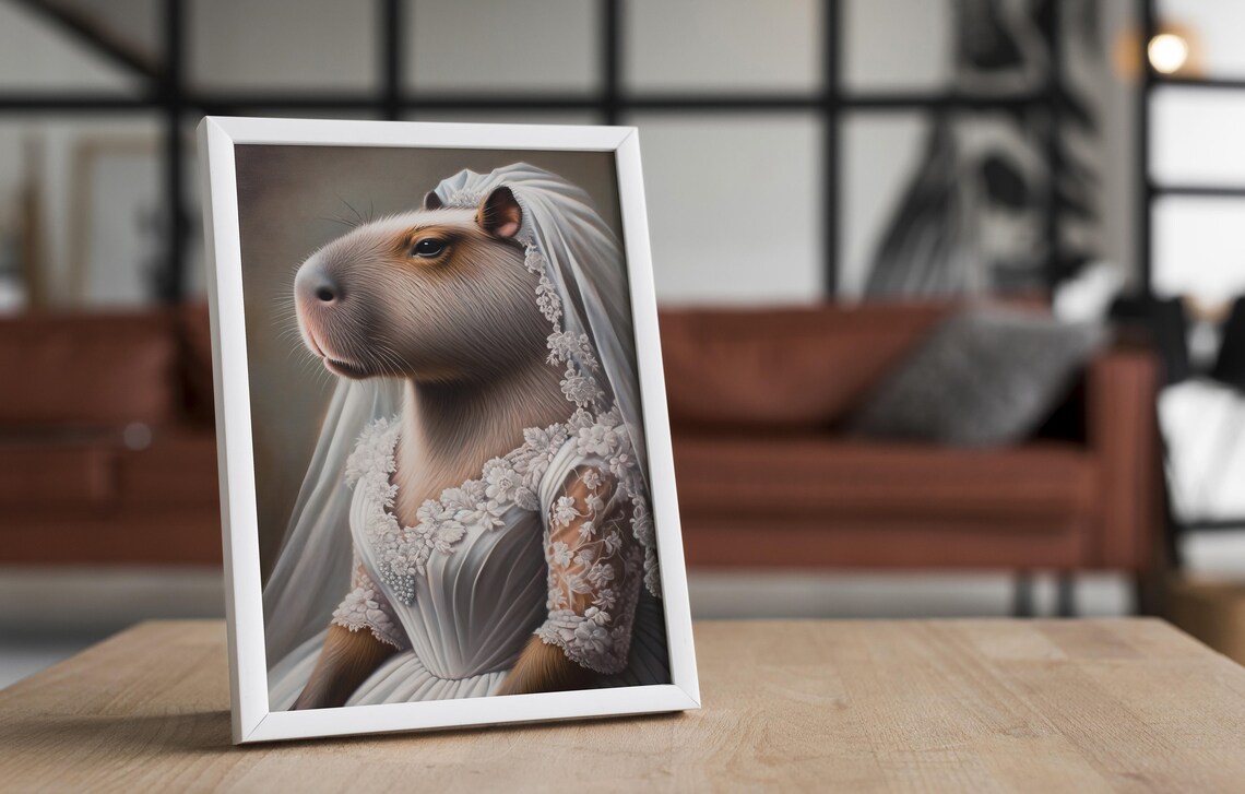 Capybara Bride in a Floral Lace Wedding Gown Profile Animal Portrait Poster - Image 4