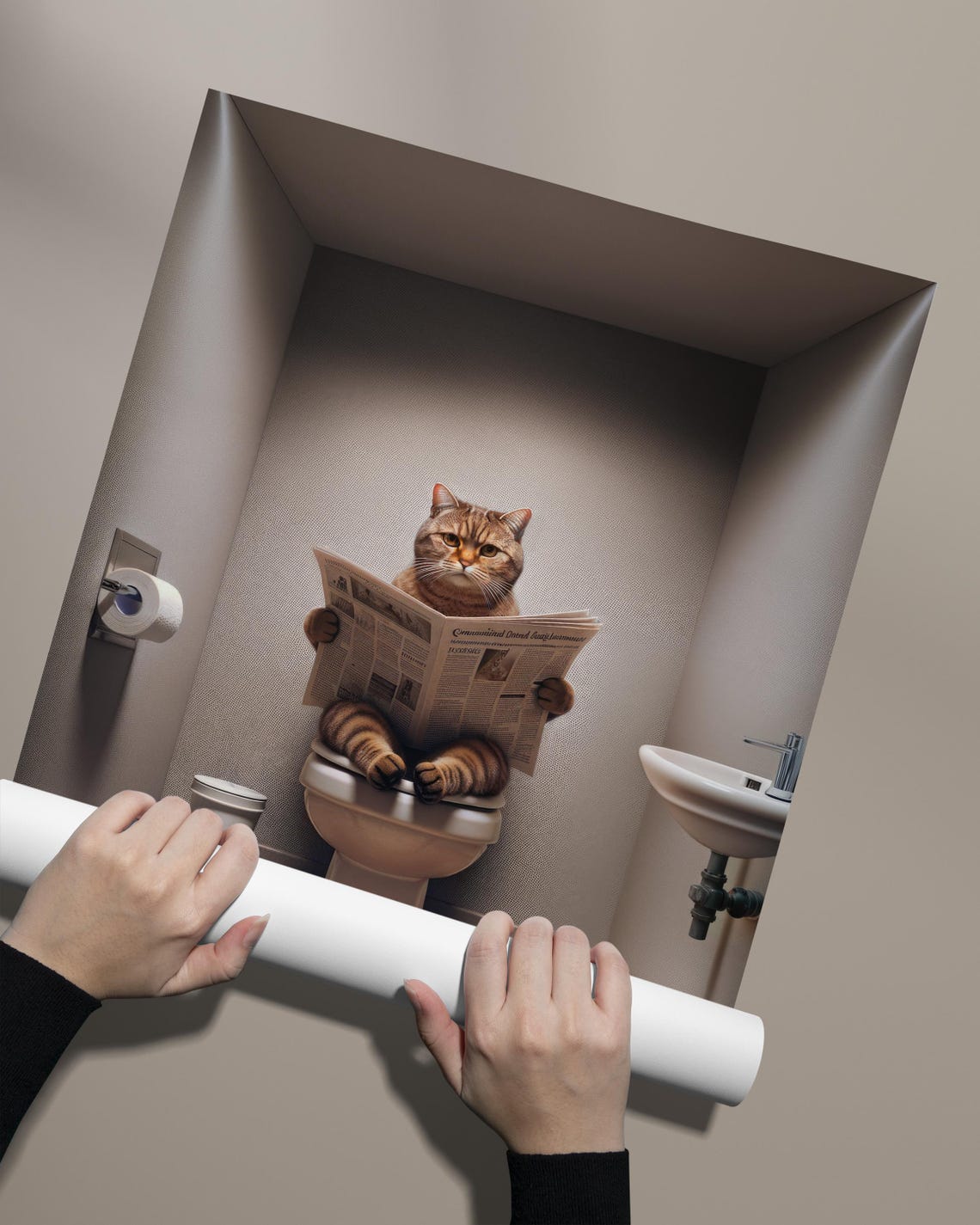 British Shorthair Tabby Cat Reading Newspaper Funny Art Poster - Image 2