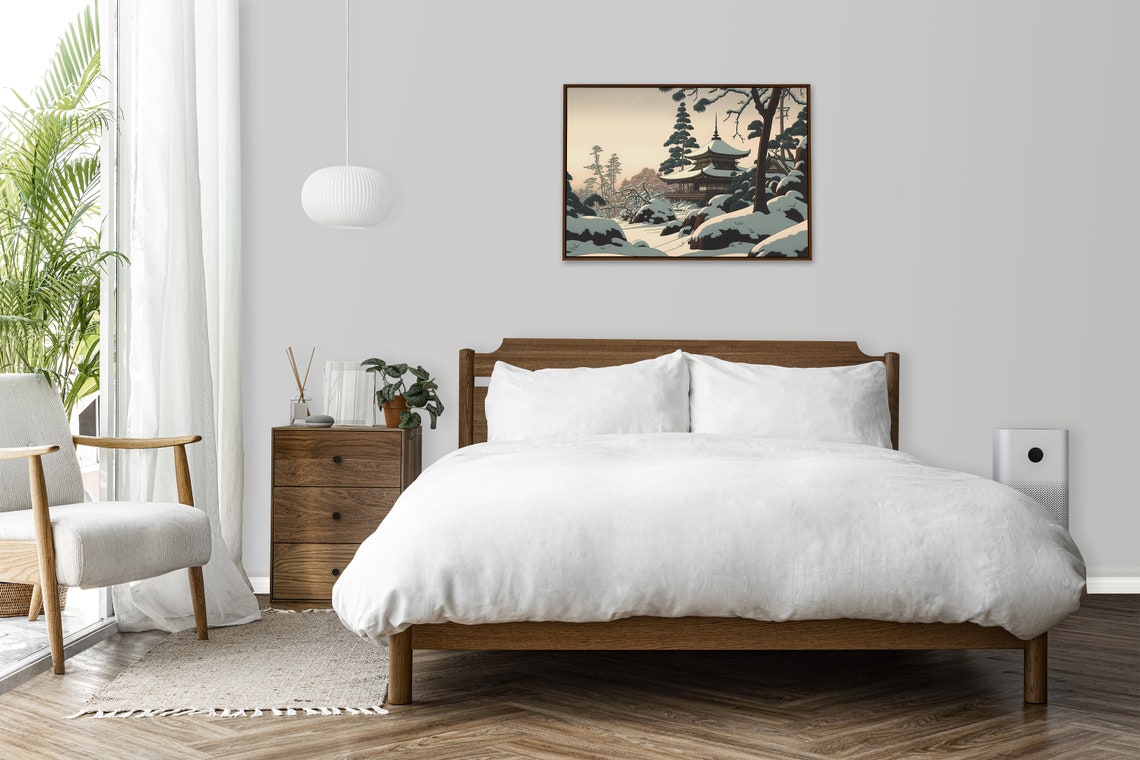 Japanese Temple In Deep Snow Winter Pines Tranquil Art Poster - Image 3