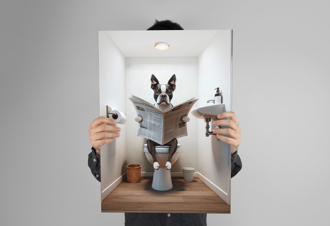 Boston Terrier Reading Newspaper Funny Bathroom Poster - Image 3