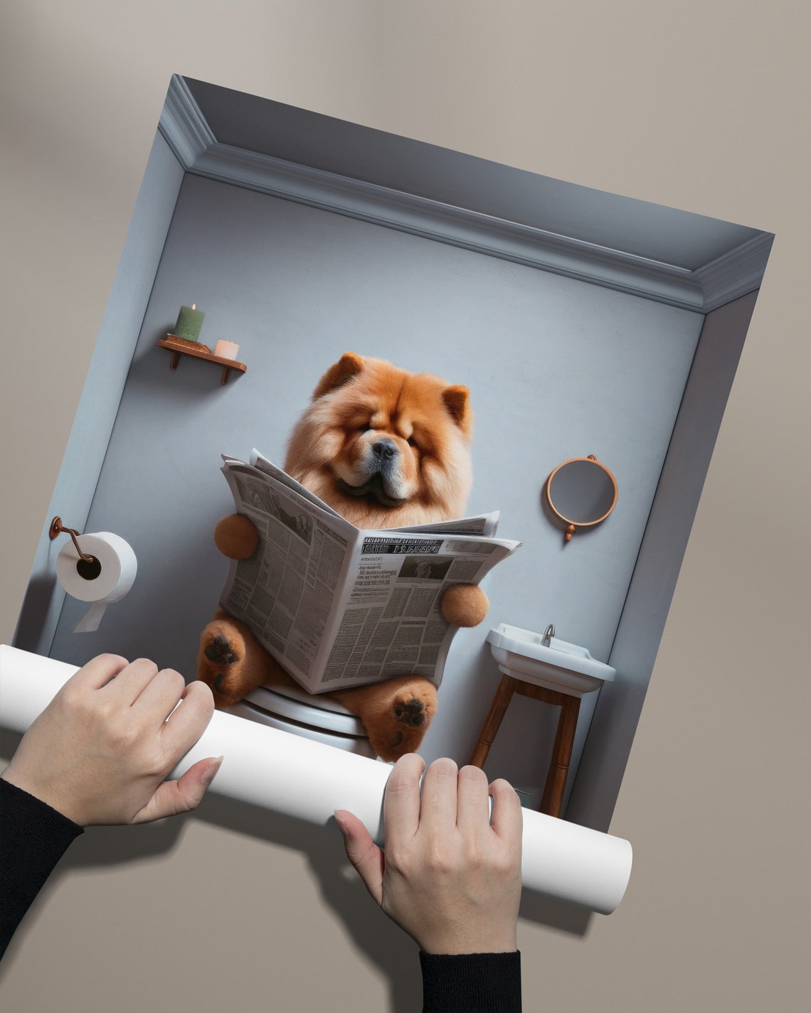 Chow Chow Dog Reading Newspaper On Toilet Funny Bathroom Wall Poster - Image 2