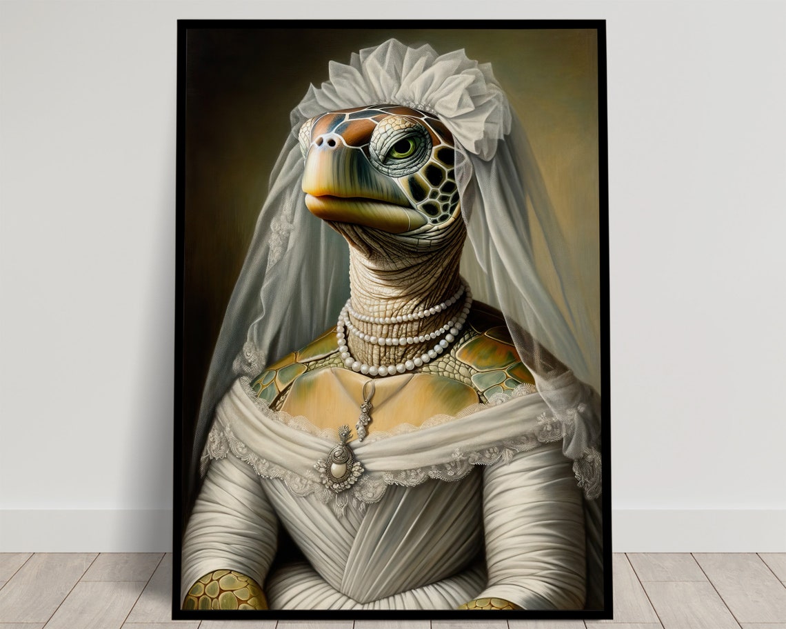 Sea Turtle In Wedding Dress And Pearls Baroque Portrait Funny Poster