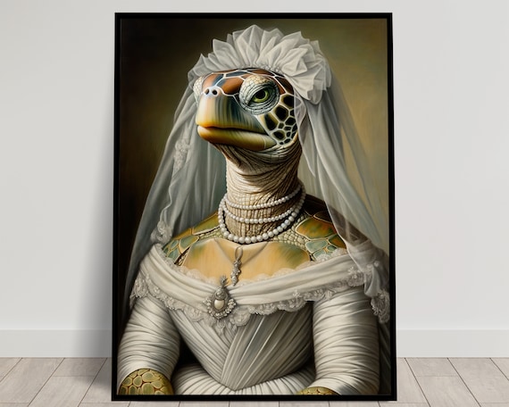 Portrait Of A Turtle Wearing A Wedding Dress Animal Wall Decor Turtle Mariage Poster Bride Wall Art Funny Frame Unique Gift