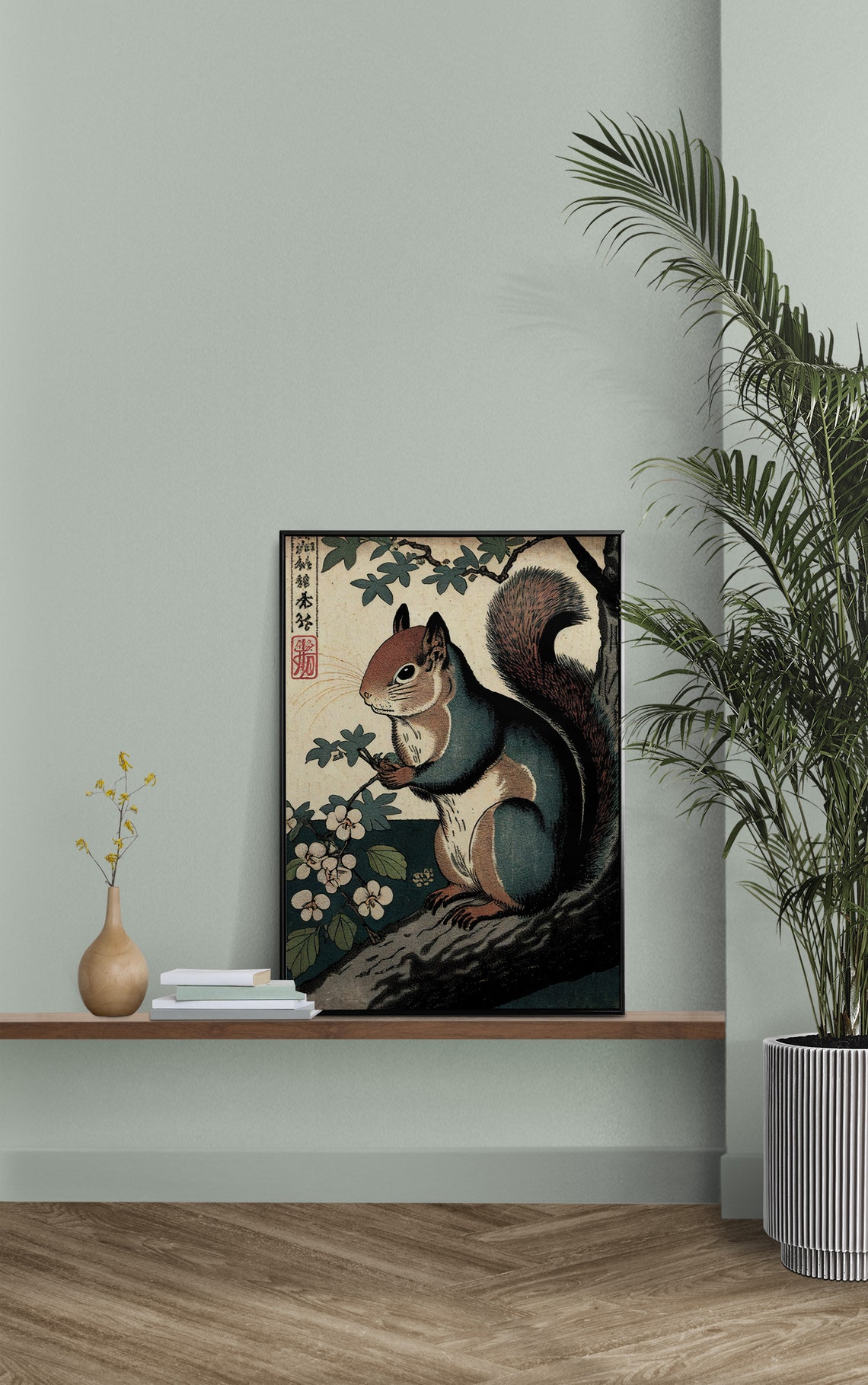 Squirrel On Blossoming Branch Japanese Ukiyo E Woodblock Style Poster - Image 2