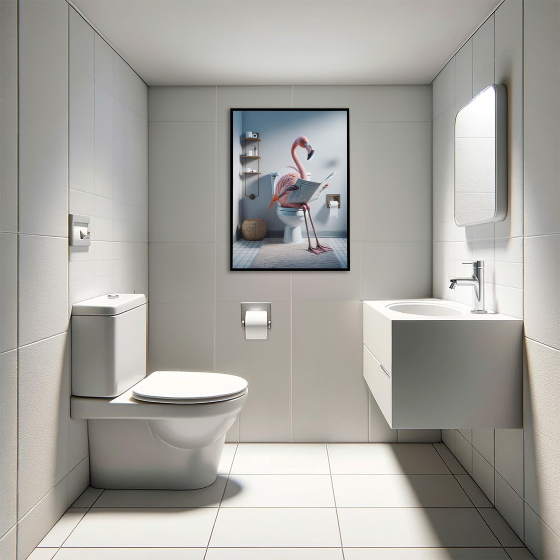 Photograph Of A Flamingo Reading The Newspaper On The Toilet Funny Bathroom Decor Bathroom Wall Art Wc Toilet Poster Unique Funny Gift - Image 4