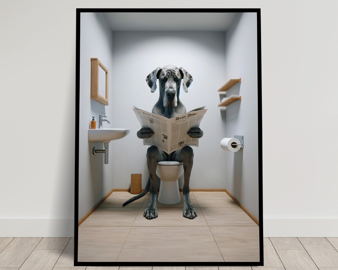 Great Dane Reading Newspaper, Funny Bathroom Poster