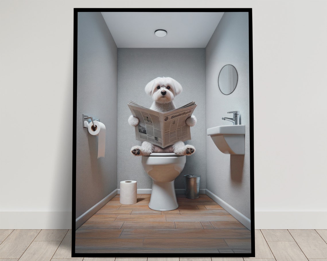 Funny Maltese Dog Reading Newspaper On Toilet Bathroom Humor Poster